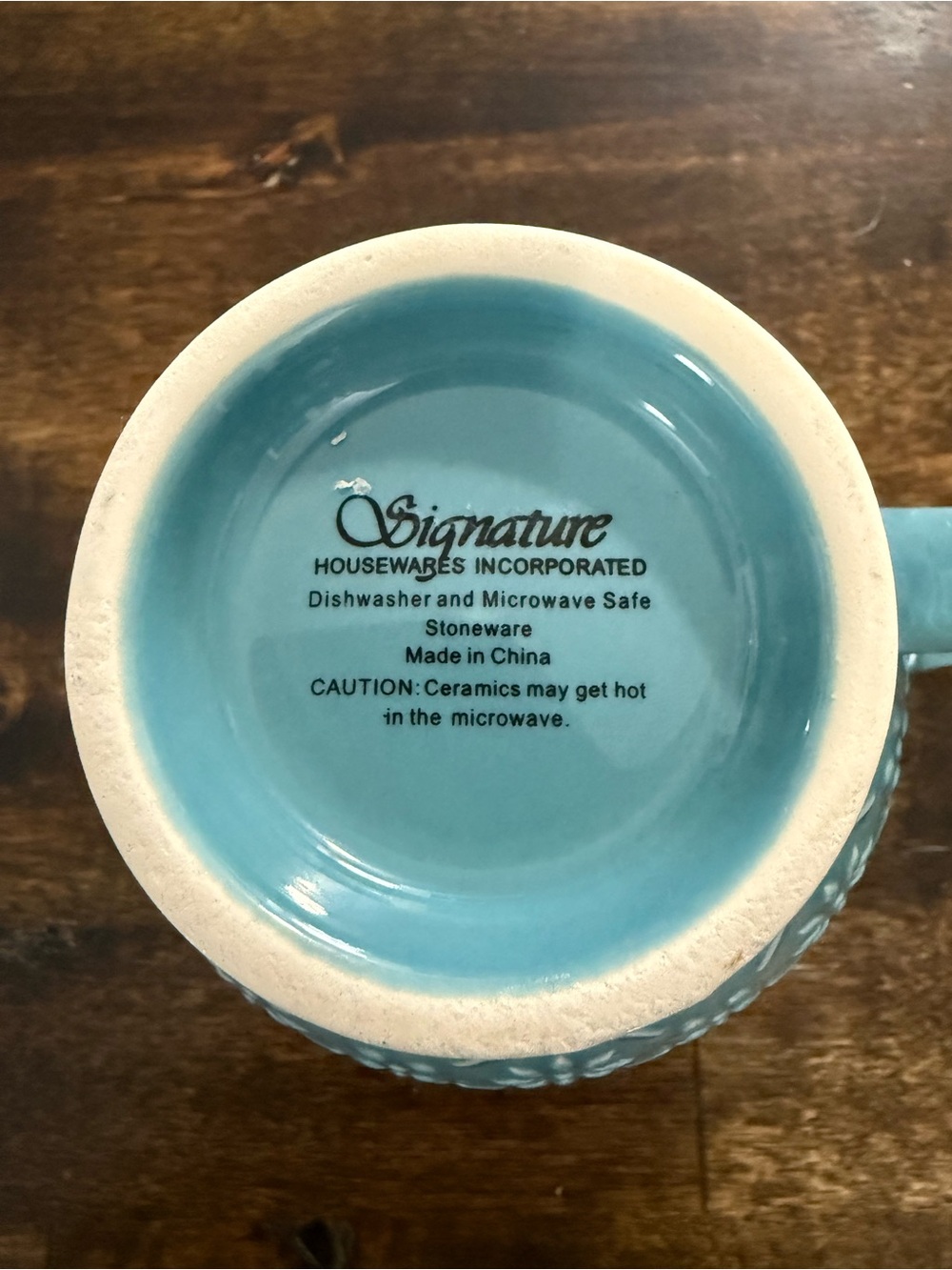 Teal Signature Housewares Embossed Stoneware Mug with Blue Patterned Interior - Picture 7 of 9